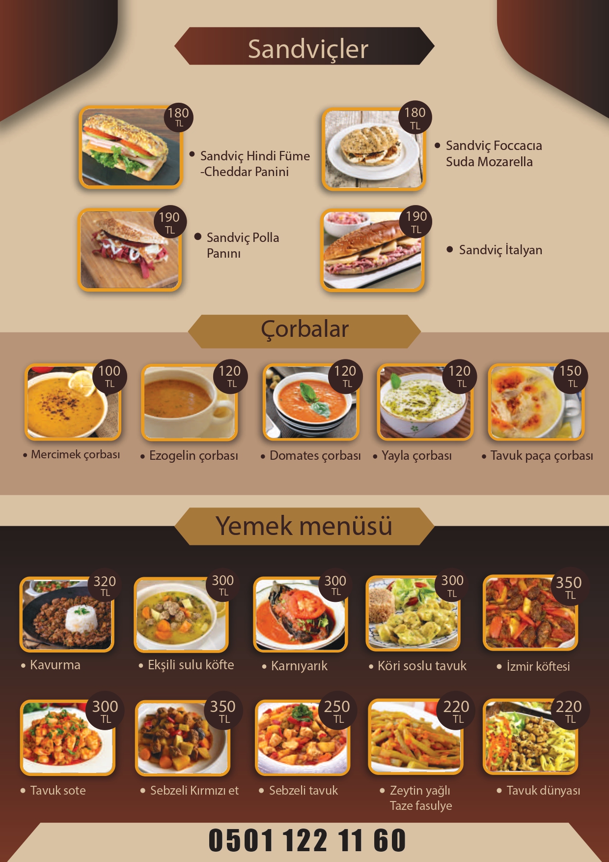 Sandviçler, çorbalar ve yemek menüsü